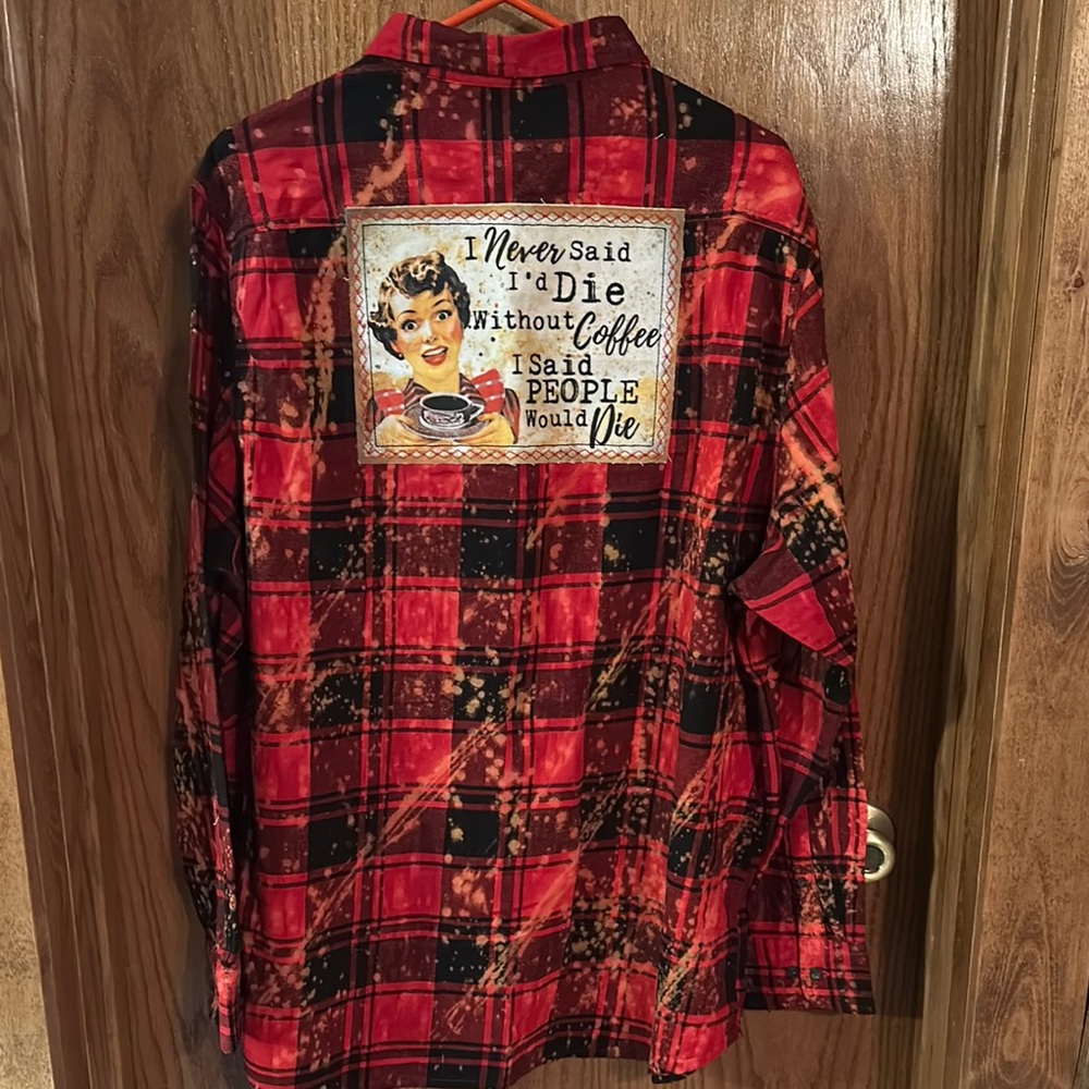 Angry Minnow flannel shirt Red and Black Plaid Shirt with Coffee Patch